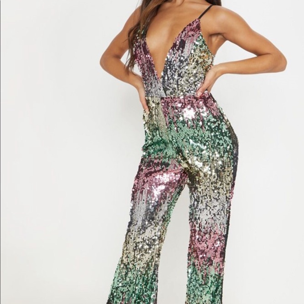 Pretty Little Thing Multi colored plunge jumpsuit